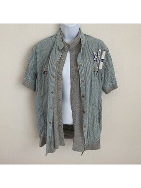 Vintage Pazzo Large Layered Button-up Green Gray 100% Cotton Y2K Top